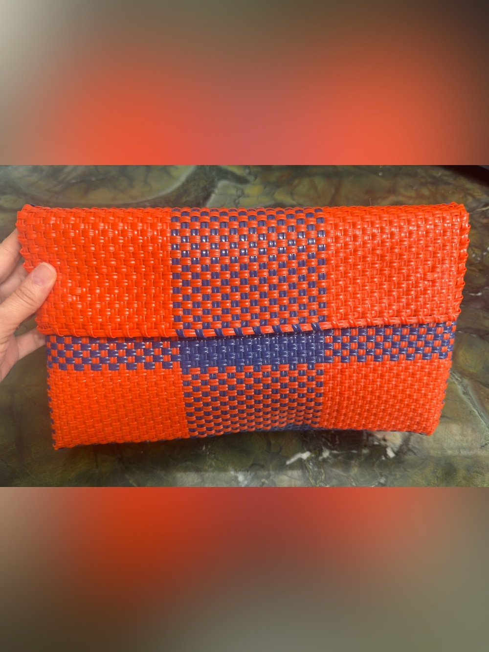 Orange qnd Blue Woven plastic (?) Clutch
